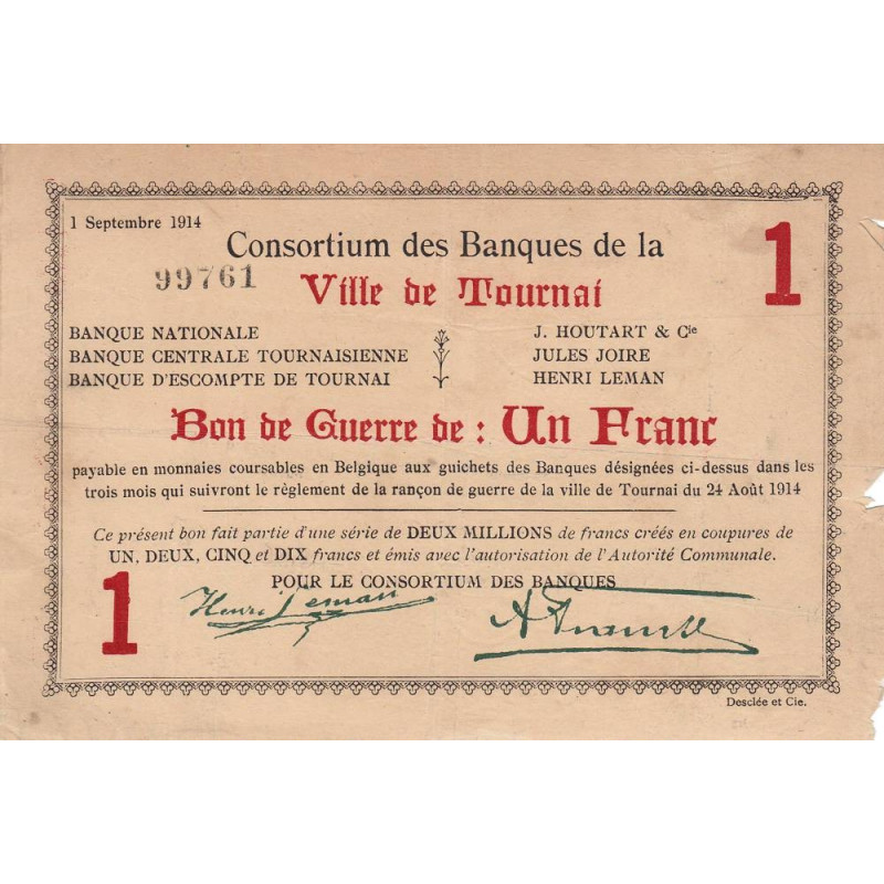 Belgique - Tournai - TO61 - 1 franc - 01/09/1914 - Etat : TB
