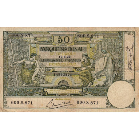 Belgique - Pick 68b - 50 francs - 10/08/1922 - Etat : TB