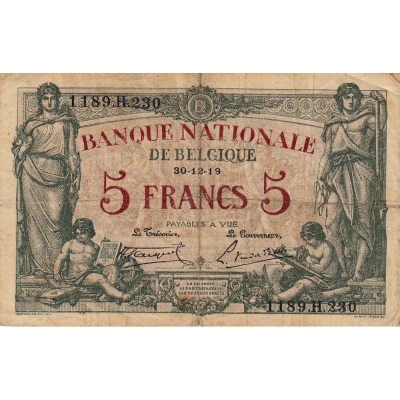 Belgique - Pick 75b - 5 francs - 30/12/1919 - Etat : TB