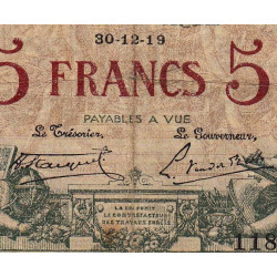 Belgique - Pick 75b - 5 francs - 30/12/1919 - Etat : TB