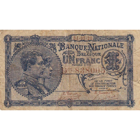 Belgique - Pick 92 - 1 franc - 04/03/1920 - Etat : TB