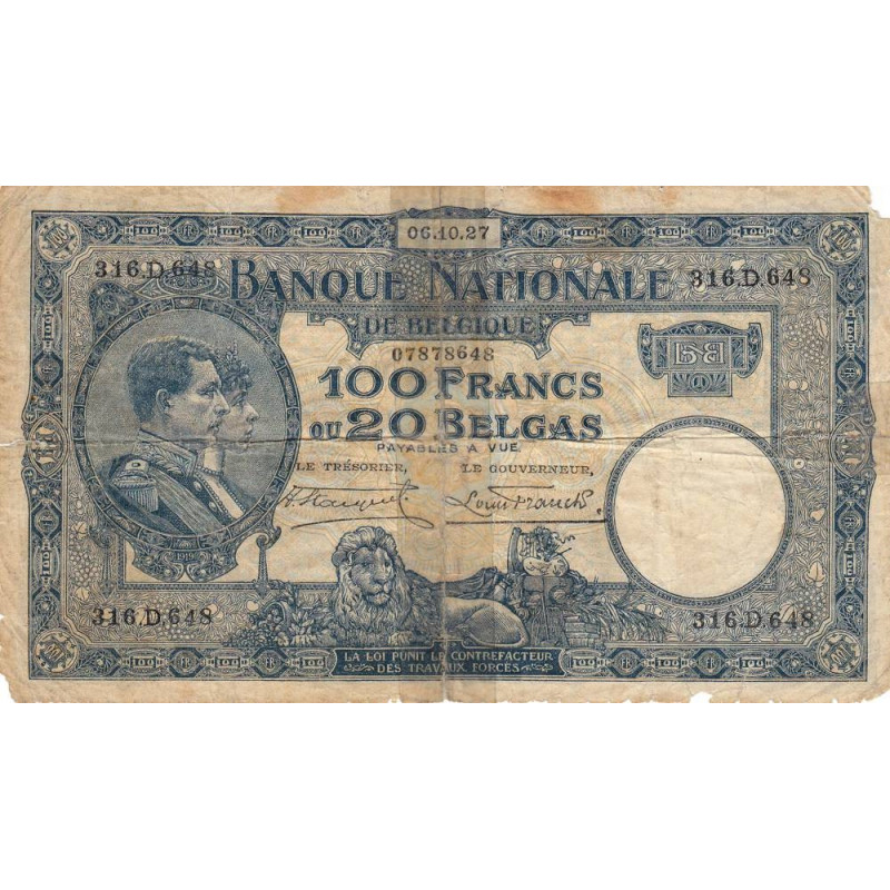 Belgique - Pick 102 - 100 francs ou 20 belgas - 06/10/1927 - Etat : B-