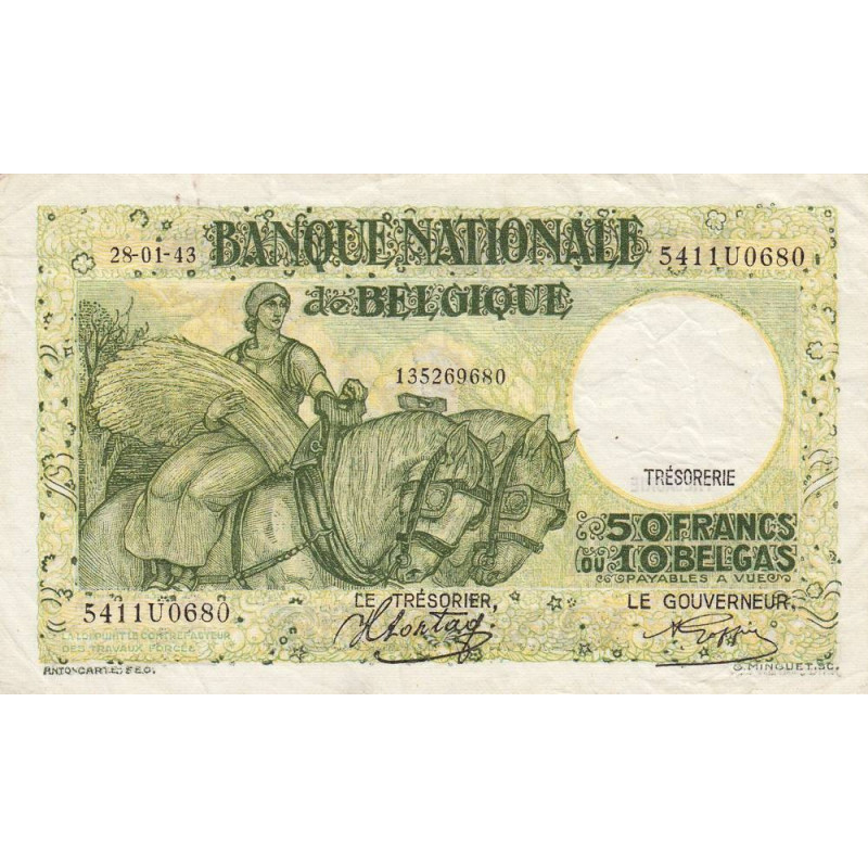 Belgique - Pick 106_4 - 50 francs ou 10 belgas - 28/01/1943 - Etat : TTB