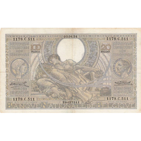 Belgique - Pick 107_1 - 100 francs ou 20 belgas - 03/04/1934 - Etat : TTB