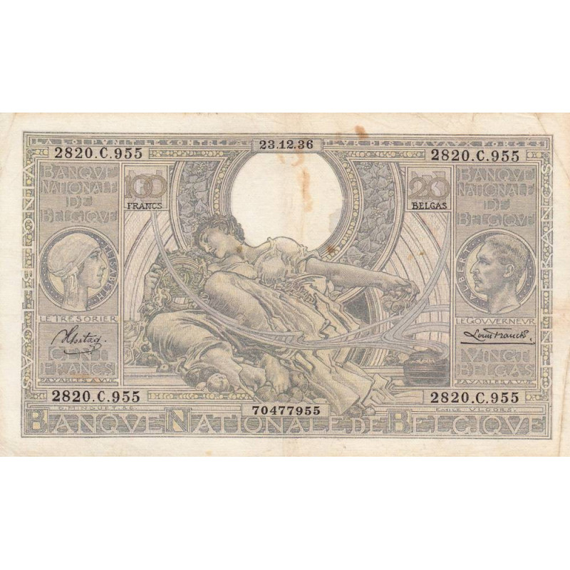 Belgique - Pick 107_2 - 100 francs ou 20 belgas - 23/12/1936 - Etat : TB+