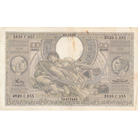 Belgique - Pick 107_2 - 100 francs ou 20 belgas - 23/12/1936 - Etat : TB+