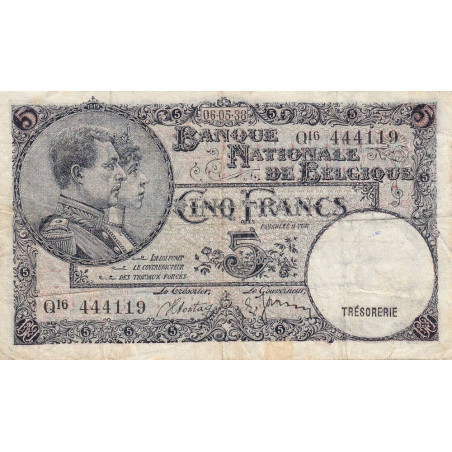Belgique - Pick 108a - 5 francs - 05/05/1938 - Etat : TB