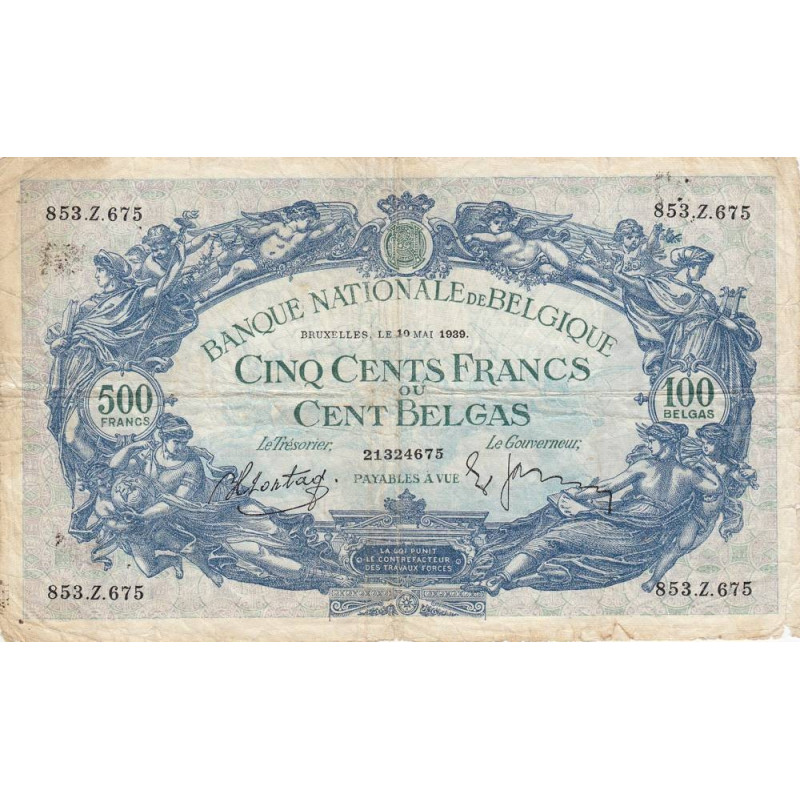 Belgique - Pick 109_1 - 500 francs ou 100 belgas - 10/05/1939 - Etat : TB-