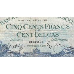Belgique - Pick 109_1 - 500 francs ou 100 belgas - 10/05/1939 - Etat : TB-