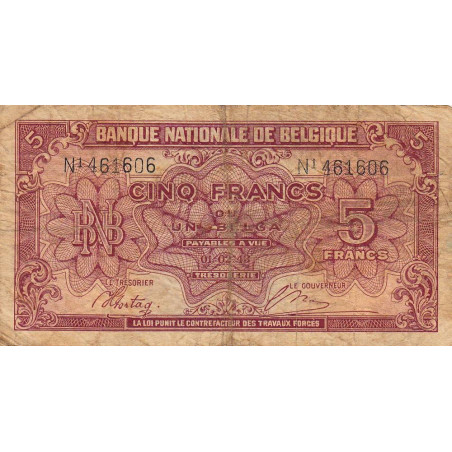 Belgique - Pick 121 - 5 francs ou 1 belga - Série 1 - 01/02/1943 - Etat : B+