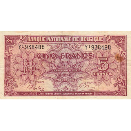 Belgique - Pick 121 - 5 francs ou 1 belga - Série 1 - 01/02/1943 - Etat : TTB