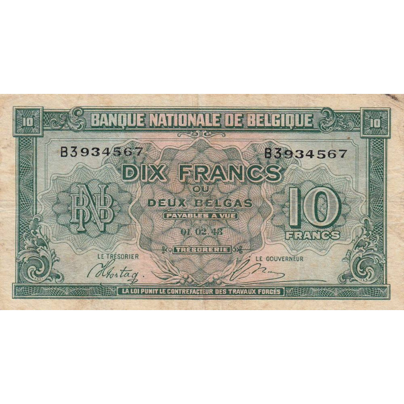 Belgique - Pick 122 - 10 francs ou 2 belgas - Série 3 - 01/02/1943 - Etat : TB+
