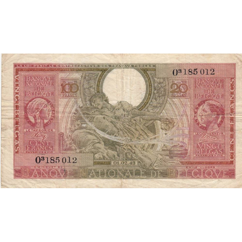 Belgique - Pick 123 - 100 francs ou 20 belgas - Série 3 - 01/02/1943 - Etat : TB+
