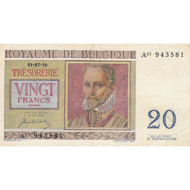 Belgique - Pick 132a - 20 francs - 01/07/1950 - Etat : TTB+
