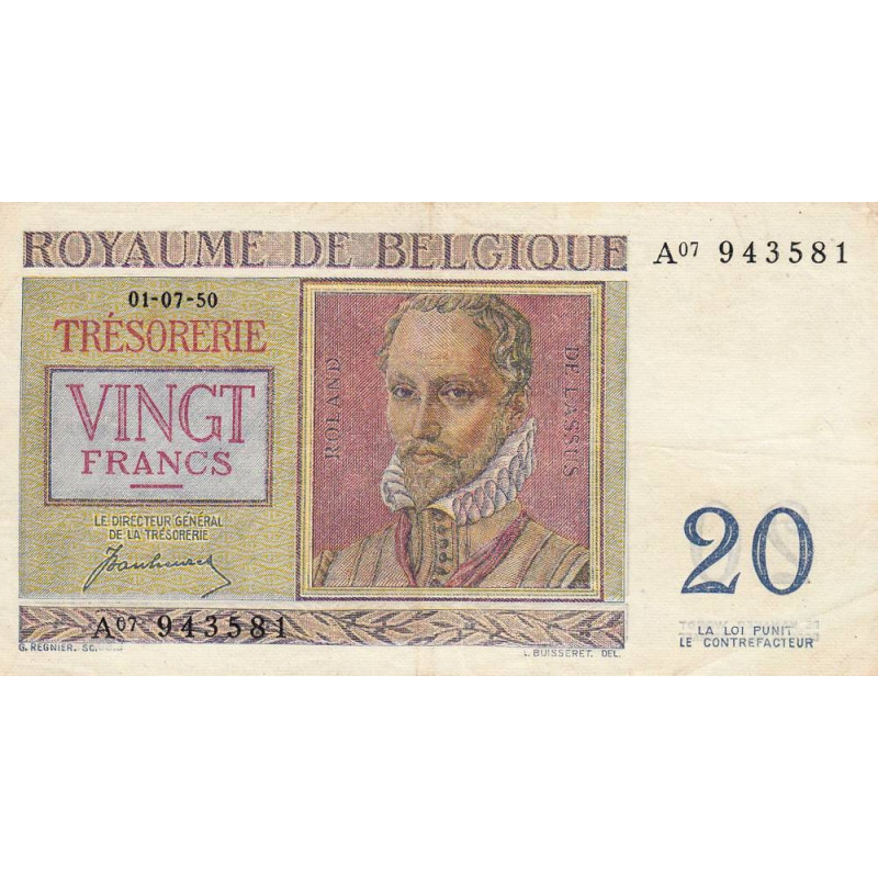 Belgique - Pick 132a - 20 francs - Série A07 - 01/07/1950 - Etat : TTB+