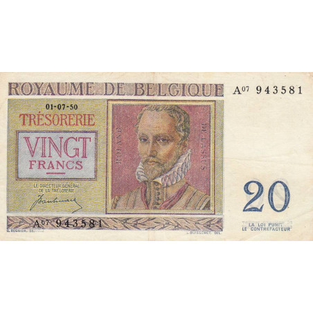 Belgique - Pick 132a - 20 francs - 01/07/1950 - Etat : TTB+