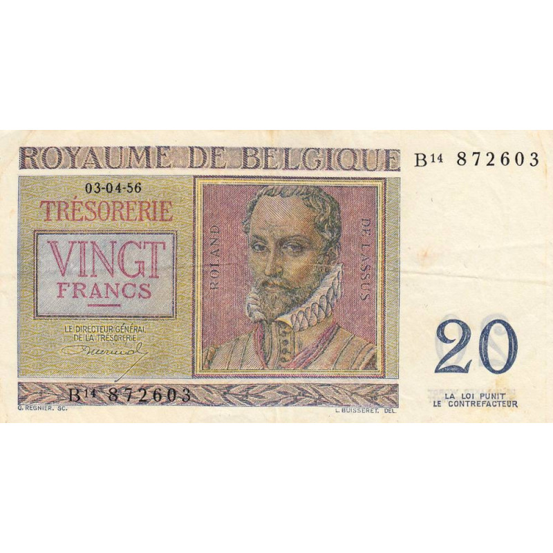 Belgique - Pick 132b - 20 francs - Série B14 - 03/04/1956 - Etat : TTB+
