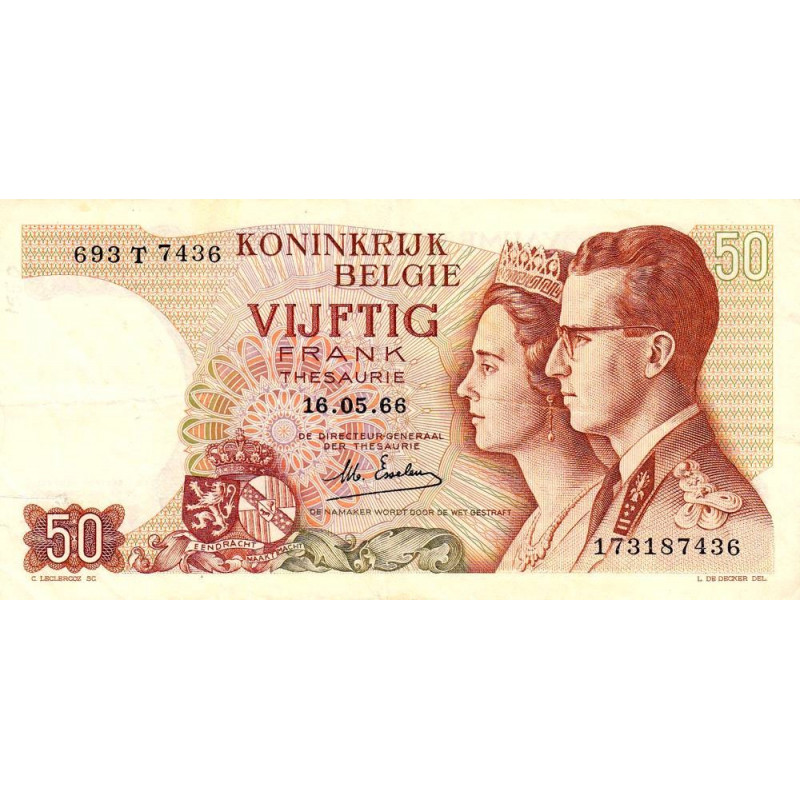 Belgique - Pick 139_2 - 50 francs - Série 693 T - 15/06/1966 (1975) - Etat : SUP