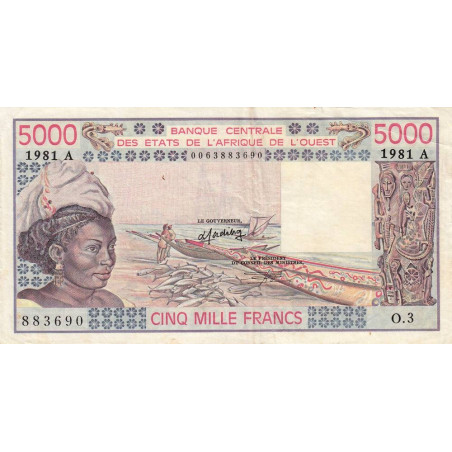 Côte d'Ivoire - Pick 108Ah - 5'000 francs - Série O.3 - 1981 - Etat : TTB