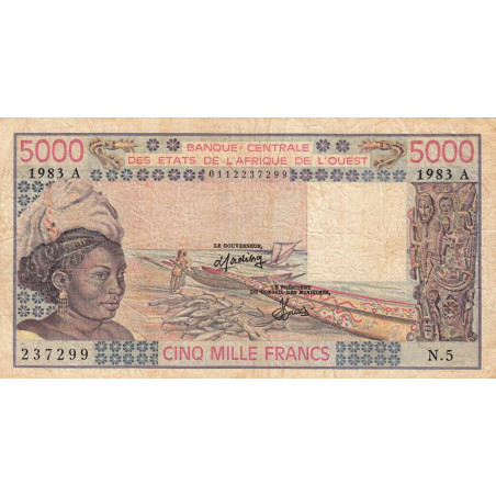 Côte d'Ivoire - Pick 108Ak - 5'000 francs - Série N.5 - 1983 - Etat : TB-