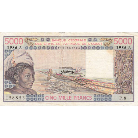 Côte d'Ivoire - Pick 108Ao - 5'000 francs - Série P.8 - 1986 - Etat : TB+