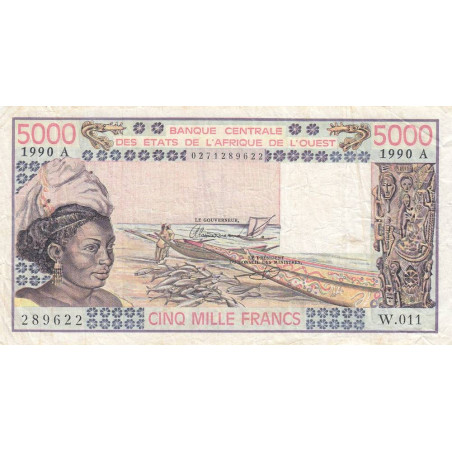 Côte d'Ivoire - Pick 108Aq - 5'000 francs - Série W.011 (remplacement) - 1990 - Etat : TB