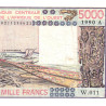 Côte d'Ivoire - Pick 108Aq - 5'000 francs - Série W.011 (remplacement) - 1990 - Etat : TB