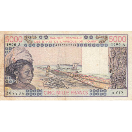 Côte d'Ivoire - Pick 108Aq - 5'000 francs - Série A.012 - 1990 - Etat : TB-