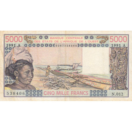 Côte d'Ivoire - Pick 108Ar - 5'000 francs - Série N.012 - 1991 - Etat : TB-