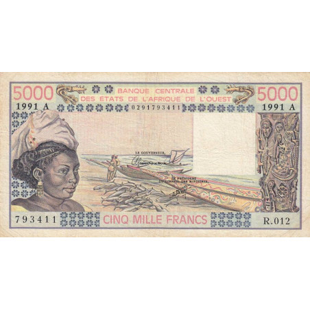 Côte d'Ivoire - Pick 108Ar - 5'000 francs - Série R.012 - 1991 - Etat : TB