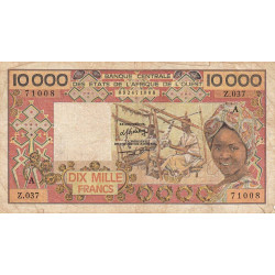 Côte d'Ivoire - Pick 109Ad_2- 10'000 francs - Série Z.037 - Sans date (1988) - Etat : B+