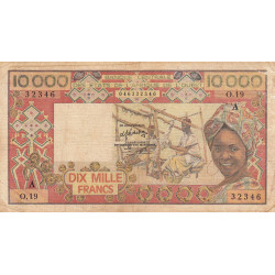 Côte d'Ivoire - Pick 109Ae - 10'000 francs - Série O.19 - Sans date (1981) - Etat : B+