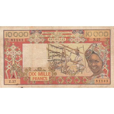 Côte d'Ivoire - Pick 109Ah_1 - 10'000 francs - Série Z.27 - Sans date (1986) - Etat : TB-