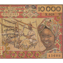 Côte d'Ivoire - Pick 109Ah_2 - 10'000 francs - Série X.028 - Sans date (1987) - Etat : B+