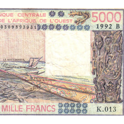 Bénin - Pick 208Bn - 5'000 francs - Série K.013 - 1992 - Etat : TB