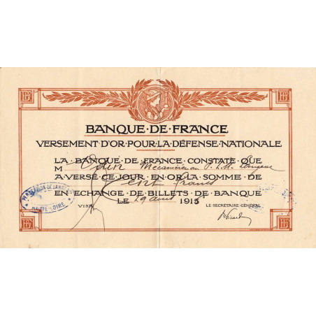 43 - Langeac - Versement d'or pour la Défense Nationale - 1916 - Etat : TTB+