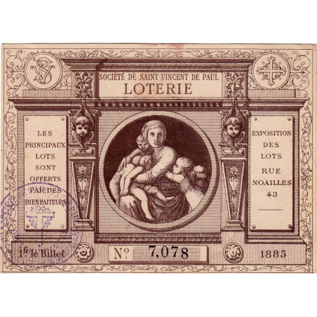1885 - Marseille - Loterie - Société de Saint-Vincent-de-Paul - 1 franc - Etat : SUP