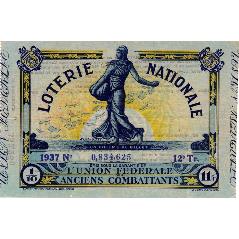 1937 - Loterie Nationale - 12e tranche - 1/10ème - Etat : SUP