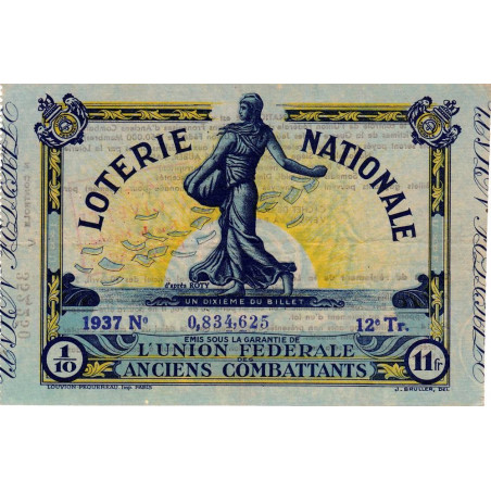 1937 - Loterie Nationale - 12e tranche - Anciens Combattants - 1/10ème - Etat : SUP
