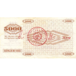 Bosnie-Herzégovine - Pick 9g - 5'000 dinara - Série M - 11/05/1992 - Etat : TTB+