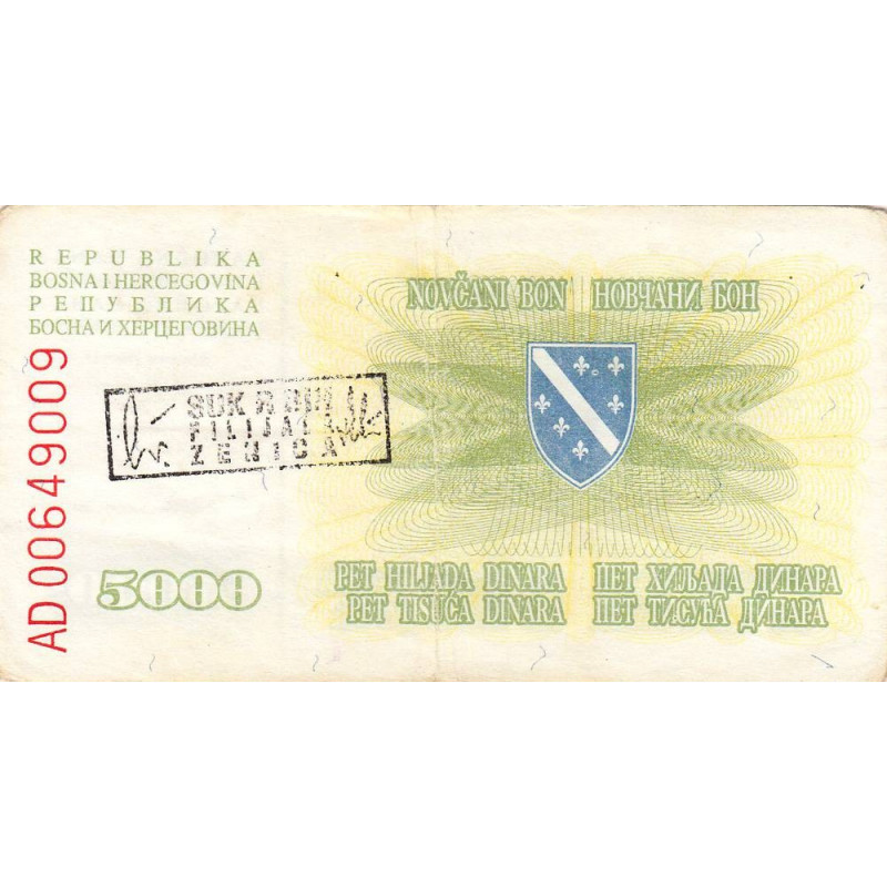Bosnie-Herzégovine - Pick 16b_1 - 5'000 dinara - Série AD - 25/01/1993 - Etat : TTB