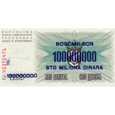 Bosnie-Herzégovine - Pick 37a - 100'000'000 sur 100 dinara - Série FJ DC - 10/11/1993 - Etat : NEUF