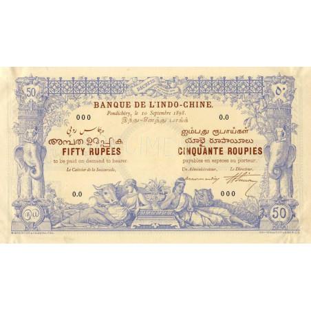 Inde Française - Pick A3s - 50 roupies - Série 0.0 - 10/09/1892 - Spécimen - Etat : SUP+