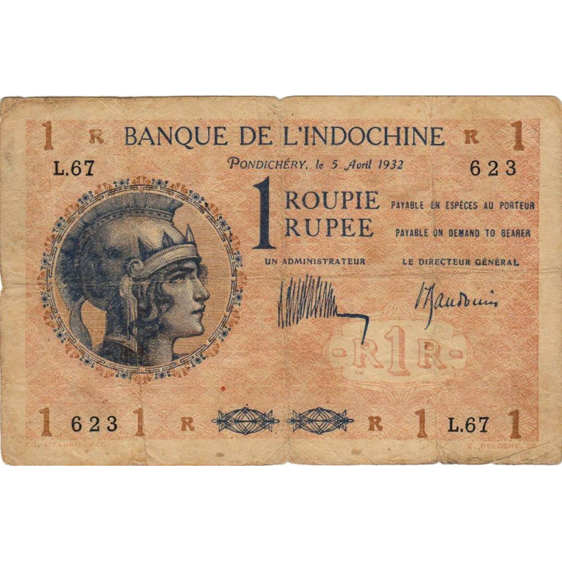 Inde Française - Pick 4c - 1 roupie - Série L.67 - 05/04/1932 - Etat : TB