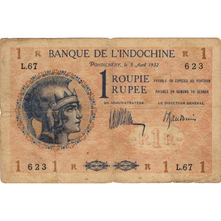Inde Française - Pick 4c - 1 roupie - Série L.67 - 05/04/1932 - Etat : TB