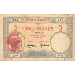 Djibouti - Pick 6b_2 - 5 francs - Série W.58 (remplacement) - 1937 - Etat : TB-