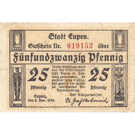 Belgique - Eupen - EU non rép. - 25 pfennig - 02/11/1918 - Etat : TB-