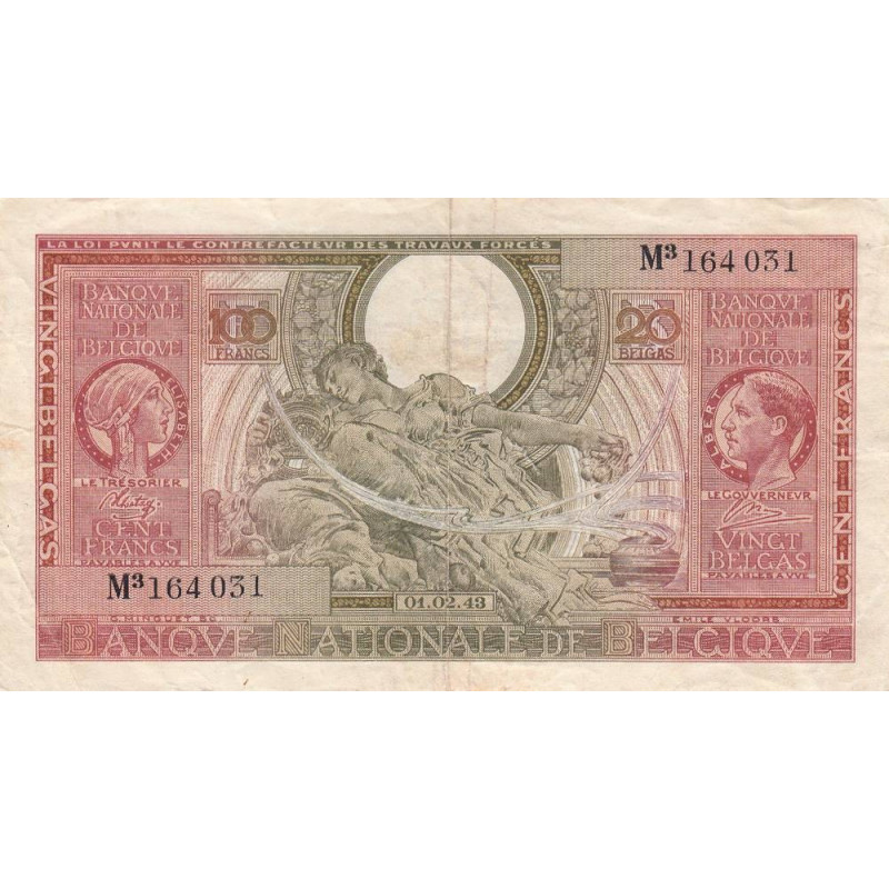 Belgique - Pick 123 - 100 francs ou 20 belgas - Série 3 - 01/02/1943 - Etat : TB