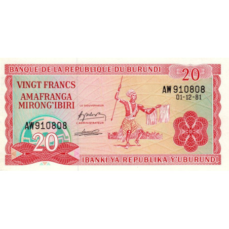 Burundi - Pick 27a_3 - 20 francs - Série AW - 01/12/1981 - Etat : NEUF