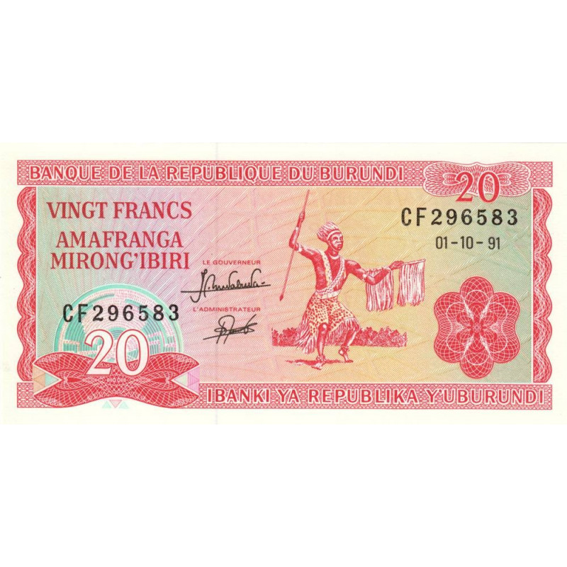 Burundi - Pick 27c_1 - 20 francs - Série CF - 01/10/1991 - Etat : NEUF